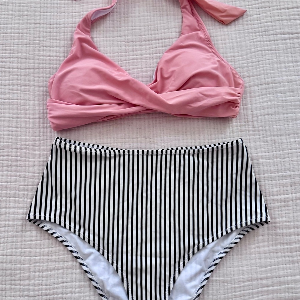 Pink Halter Bikini Top with Striped High-Waisted Bottoms